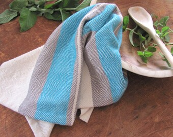 Handmade Kitchen Dish Towel, Artisan Hand Woven in Turquoise Stripe Cotton, Baking or Cooking Gift for Gourmet, Chef Cookware Kitchenware