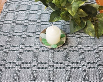 Woodland Green Table Runner, Handmade Woven Short Modern Rustic Cloth Centerpiece for Rustic Winter or Spring Farmhouse Cabin Dining Decor