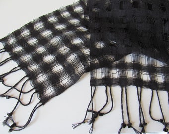 Etsy's Pick! Jet Black Cotton Scarf, Artisan Handmade Hand Woven Lightweight Lattice Lace Weave, Unisex for Men or Women