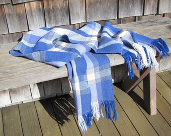 Ocean Blue Plaid Wool Scarf, Unisex Handmade Artisan Hand Woven Lightweight Scottish Tartan Seaside, Coastal Cottage or Lakeside Cabin Style