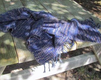 Artisan Handmade Hand Loom Woven Saori Scarf, Indigo Navy Blue & Brown Wabi Sabi Style, Water and Earth Elements, Made in USA