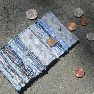 Boho Wallet Small Coin Purse, Blue Eco Recycled Handmade Vegan Keepsake Amulet Crystal Pouch, Upcycled Woven Cloth Jewelry Money Key ID Bag image 6