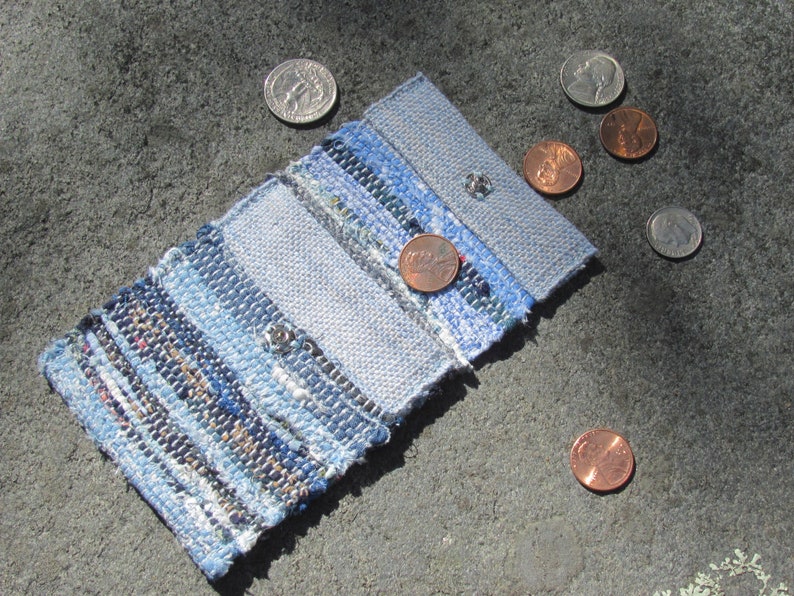 Boho Wallet Small Coin Purse, Blue Eco Recycled Handmade Vegan Keepsake Amulet Crystal Pouch, Upcycled Woven Cloth Jewelry Money Key ID Bag image 6