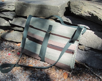 Etsy Pick! Eco Upcycled Fabric Messenger Bag, Handmade Woven Cotton Vegan Crossbody Artist Tote Bag in Woodland Green Brown Recycled Cloth