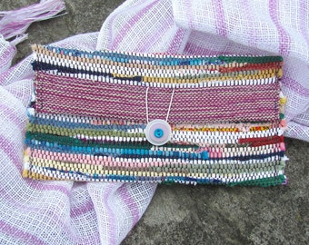 Upcycled Boho Fabric Clutch Wallet, Eco Handmade Artisan Hand Woven Recycled Cloth Phone Purse, Vegan Zero Waste Small Jewelry Travel Pouch