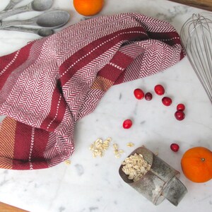 Gourmet Baking Gift, Handmade Artisan Woven Cranberry Red Kitchen Dish Towel in Herringbone Stripe Cotton for Chef, Foodie, Cook, Baker image 3