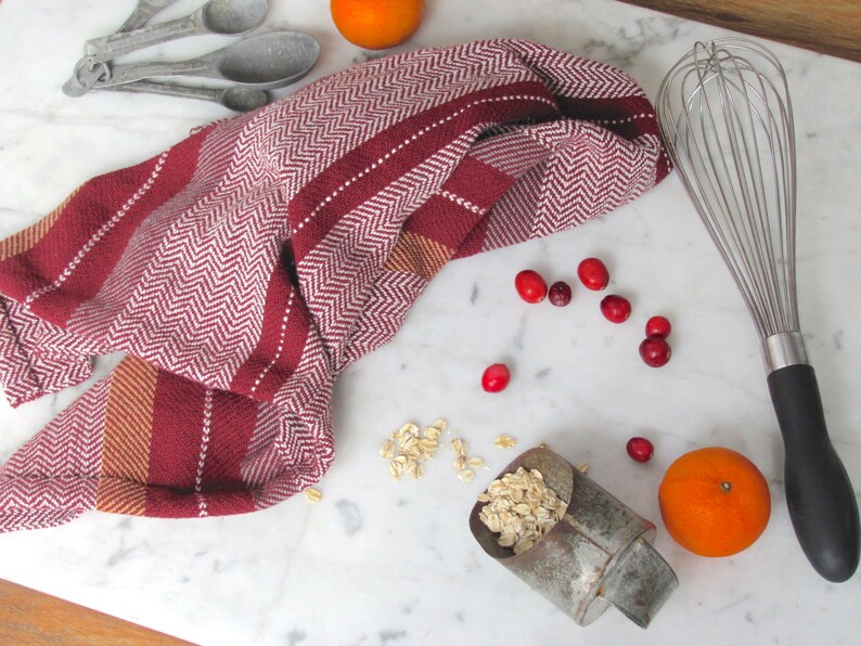 Gourmet Baking Gift, Handmade Artisan Woven Cranberry Red Kitchen Dish Towel in Herringbone Stripe Cotton for Chef, Foodie, Cook, Baker image 3