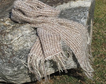 Rustic Hygge Artisan Hand Woven Scarf, Handmade in Natural Textured Sandy Light Beige and Earthy Chestnut Brown Wool, Mohair, Cotton, Alpaca