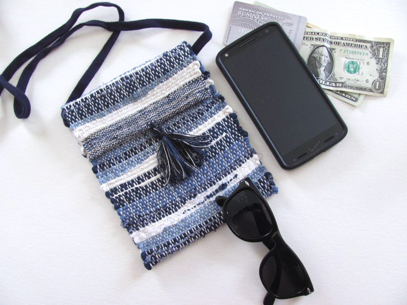Eco Small Recycled Fabric Crossbody Wallet Phone Purse, Handmade Woven Indigo Blue Upcycled Cloth Pouch, Vegan Cross Body Shoulder Bag image 5