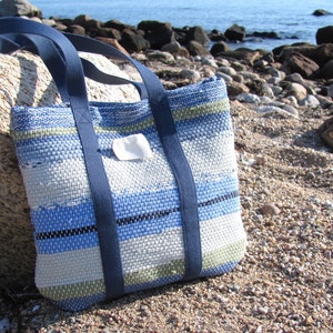 Etsy Pick Fabric Hand Bag, Small Cloth Purse, Handmade Woven Eco Upcycled Recycled Tote Bag in Beachy Coastal Nautical Sea Glass Blue Green image 1