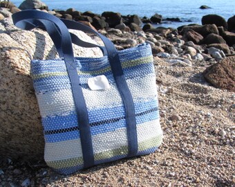 Etsy Pick! Fabric Hand Bag, Small Cloth Purse, Handmade Woven Eco Upcycled Recycled Tote Bag in Beachy Coastal Nautical Sea Glass Blue Green