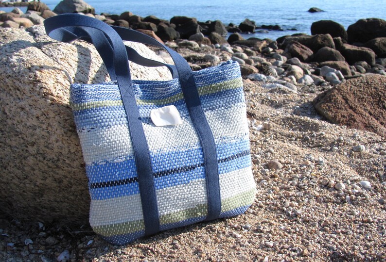 Etsy Pick Fabric Hand Bag, Small Cloth Purse, Handmade Woven Eco Upcycled Recycled Tote Bag in Beachy Coastal Nautical Sea Glass Blue Green image 1