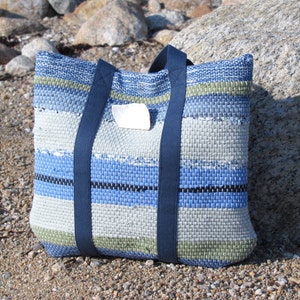 Etsy Pick Fabric Hand Bag, Small Cloth Purse, Handmade Woven Eco Upcycled Recycled Tote Bag in Beachy Coastal Nautical Sea Glass Blue Green image 5