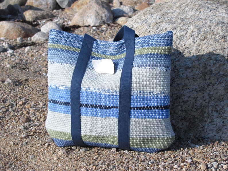 Etsy Pick Fabric Hand Bag, Small Cloth Purse, Handmade Woven Eco Upcycled Recycled Tote Bag in Beachy Coastal Nautical Sea Glass Blue Green image 5