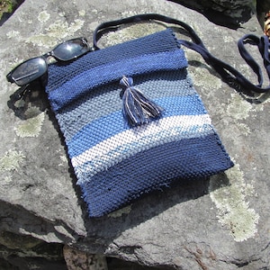 Etsy Pick! Eco Friendly Upcycled Recycled Fabric Crossbody Wallet, Phone Purse, Artisan Handmade Woven Indigo Navy Blue Vegan Cloth Handbag