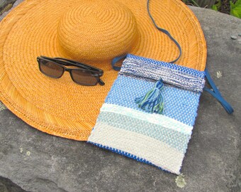 Seaglass Blue Green Small Eco Recycled Artisan Woven Fabric Crossbody Bag, Handmade Upcycled Cloth Wallet Phone Purse, Boho Shoulder Bag