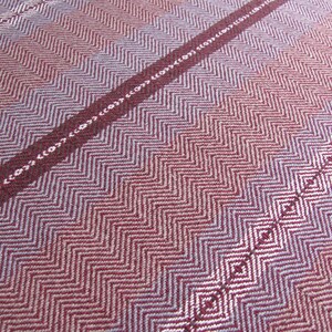 Handcrafted Kitchen Dish Towel, Gourmet Baking, Home Cooking gift for Chef, Baker, Cook, Foodie. An Eco Sustainable, Reusable, Artisan Handmade Cookware Kitchenware Accessory Hand Woven Cotton Towel by Amy C. Lund in Deep Burgundy Red, Beige, White & Fudge Brown Stripe Cloth for Rustic French Country or Modern Farmhouse Decor with alternating Chevron Diamond Zig Zag Herringbone. Detail of color and weave pattern.