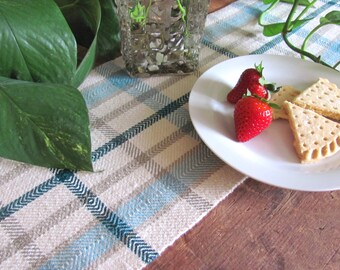 Narrow Plaid Table Runner, Coastal Beach Modern Farmhouse Rustic French Country Cottage Turquoise Blue Artisan Hand Woven Cloth Centerpiece