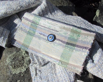 Eco Upcycled Fabric Clutch Purse Wrist Wallet, Seaside Blue Handmade Hand Bag, Artisan Hand Woven Recycled Cloth Boho Vegan Style Accessory