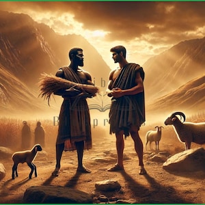 Könnte beinhalten: Zwei Männer, einer mit dunkler Haut und einer mit heller Haut, stehen sich in einem Feld gegenüber. Der Mann mit dunkler Haut hält ein Bündel Weizen in seinen Händen. Der Mann mit heller Haut hat seine Hände vor sich gefaltet. Beide Männer tragen einfache Kleidung. Im Hintergrund sind Schafe zu sehen.