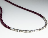 Garnet Necklace. Petite Profile Sterling Silver Cube Nuggets Garnet Necklace. Gemstone Jewelry. Geometric Silver Necklace. Gift Under 75