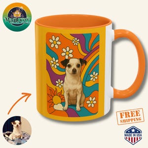 Custom Hippie Dog Mug - Personalized Pet Portrait Coffee Cup with Retro 70s Flower Power Vibes