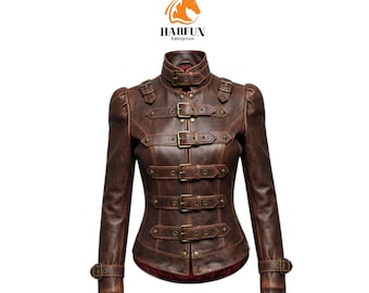 Handgjord Steampunk Dam Brun Läderjacka, Gotisk Korsettstil Militärkappa, Present till henne