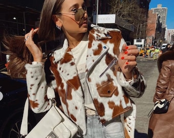 Natural Hair Cowhide Leather Biker Jacket: Women Style , Gift Girlfriend