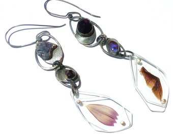 Boulder Opal/Grape Agate/Rose Cut Amethyst/Garnet Crystal/Fig Beetle Wing/Cosmos Flower Petal Specimen Contraption Earrings