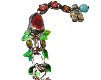 Emerald Cabochon/Strawberry Quartz Cabochon/Peridot Cabochon/Raw Gossular Garnet/Io Moth Wing/Grasshopper Wing/Enameled Silver Link Bracelet