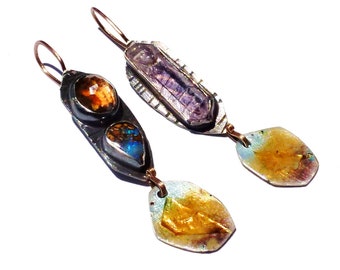 Boulder Opal/Oregon Sunstone/Amethyst Crystal/Butterfly Wing/Hollyhock Petal/14k Gold/Enameled Fine Silver+24k Gold Atmosphere Earrings