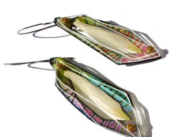 Enameled Katydid Wing Specimen Earrings