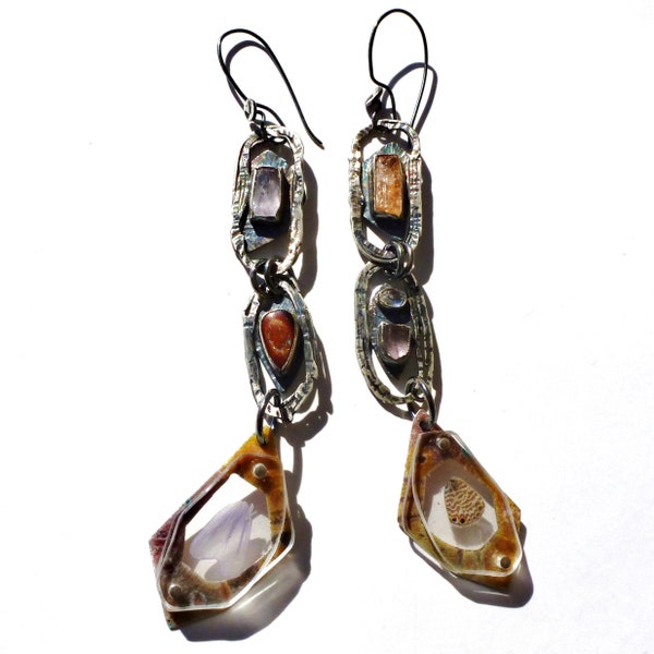 Kunzite/Topaz Crystal/Boulder Opal/White Topaz/Scapolite/Hollyhock Petal/Butterfly Wing/Enameled Silver Specimen Contraption Earrings