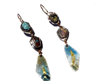 Boulder Opal/Ethiopian Opal/Turquoise Nugget/Gossular Garnet/Butterfly Wing Specimen/Enameled Fine Silver + 24k Gold Atmosphere Earrings