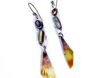 Boulder Opal/Heliodor/Phantom Quartz/Citrine/14k Gold/Grasshopper Wing Imprinted Enameled Fine Silver+24k Gold Metamorphosis Earrings