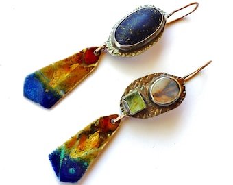 Aquamarine Crystal/Dendritic Agate/Vintage Lapis/Orange Sulfer Butterfly Wing Specimen/Enameled Fine Silver + 24k Gold Atmosphere Earrings