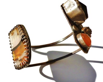 Carnelian Cabochon/Meteorite Specimen/Tourmaline Crystal/Montana Agate/Flame Flower Petal Specimen Cuff Bracelet