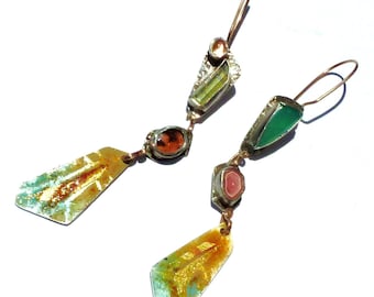 Rhodochrosite/Aquamarine/Chrysoprase/Oregon Sunstone/Tourmaline/Butterfly Wing Specimen/Enameled Fine Silver + 24k Gold Atmosphere Earrings