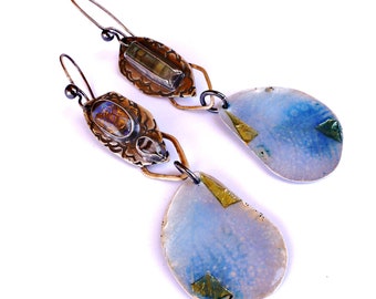 Boulder Opal/Aquamarine/Tourmaline/Butterfly Wing/14k Gold/Butterfly Wing Imprinted Enameled Fine Silver+24k Gold Metamorphosis Earrings