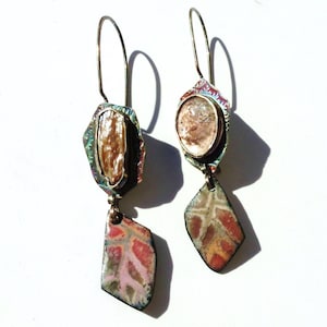 Rose Cut Tourmaline Cabochon/Freshwater Pearl Specimen/Butterfly Wing Specimen/Enameled Copper Zia Earrings