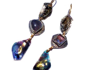 Rose Cut Kunzite/Meteorite/Fossilized Shell/Iolite-Sunstone/Beetle Wing Specimen/14k Gold/Enameled Fine Silver+24k Gold Atmosphere Earrings