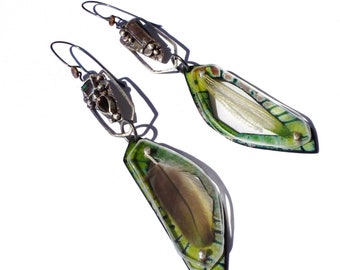 Rose Cut Green Tourmaline/Boulder Opal Cabochon/Tourmaline Crystal/Katidid Wing/Parrot Feather Specimen/Enameled Contraption Earrings