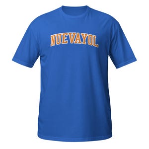 May include: A royal blue t-shirt with the text "NUEVAYOL" in orange.