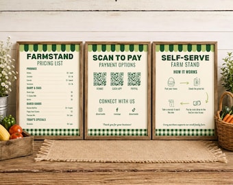 Farm Stand Sign Bundle, Editable Pricing List & Scan to Pay Sign, Self Serve Honor System Template, Printable Farmers Market Display, Canva