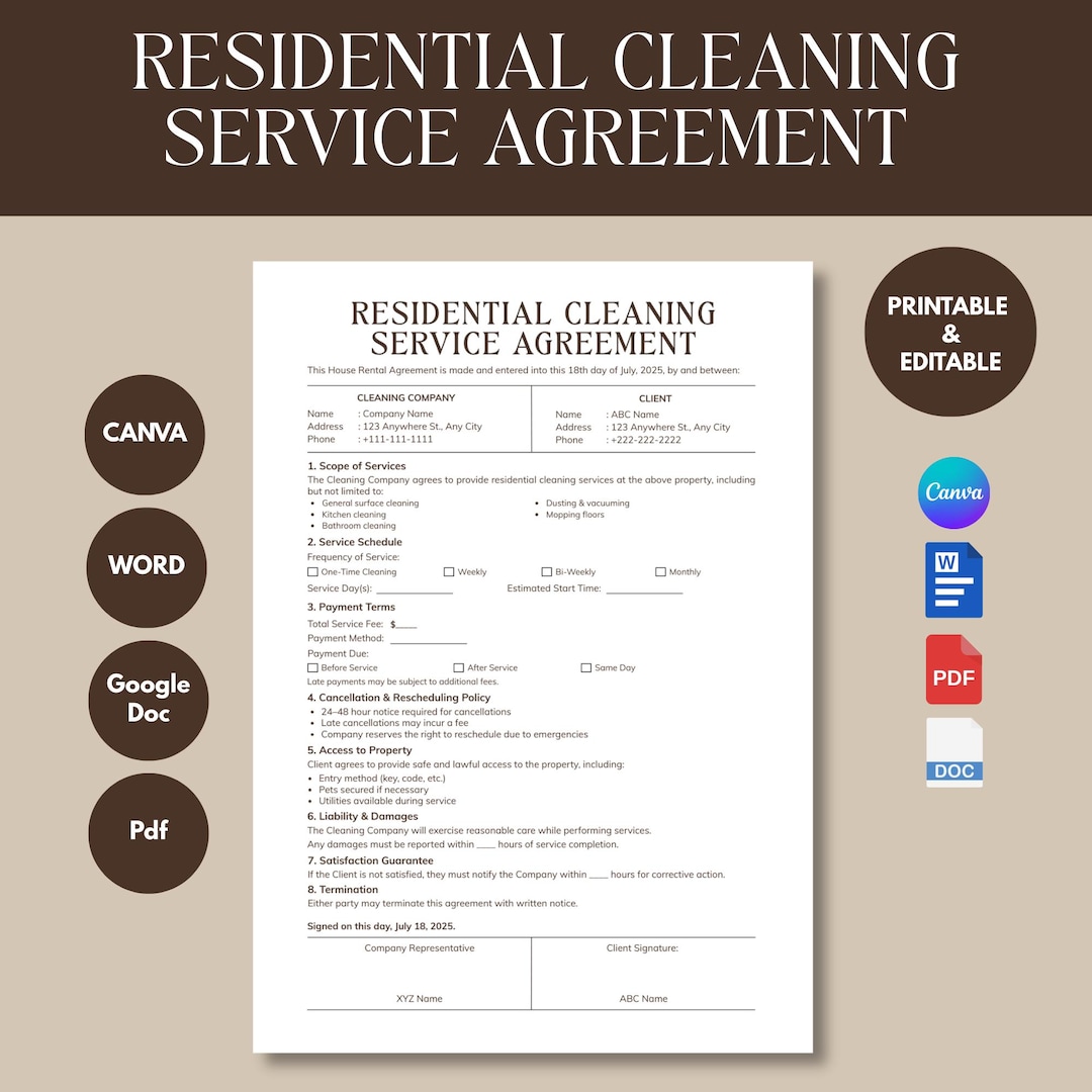 Residential Cleaning Service Agreement Template, Cleaning Contract ...