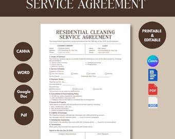 Sjabloon overeenkomst schoonmaakservice, Canva-sjabloon schoonmaakcontract, bewerkbaar schoonmaakcontract, formulier voor kleine bedrijven