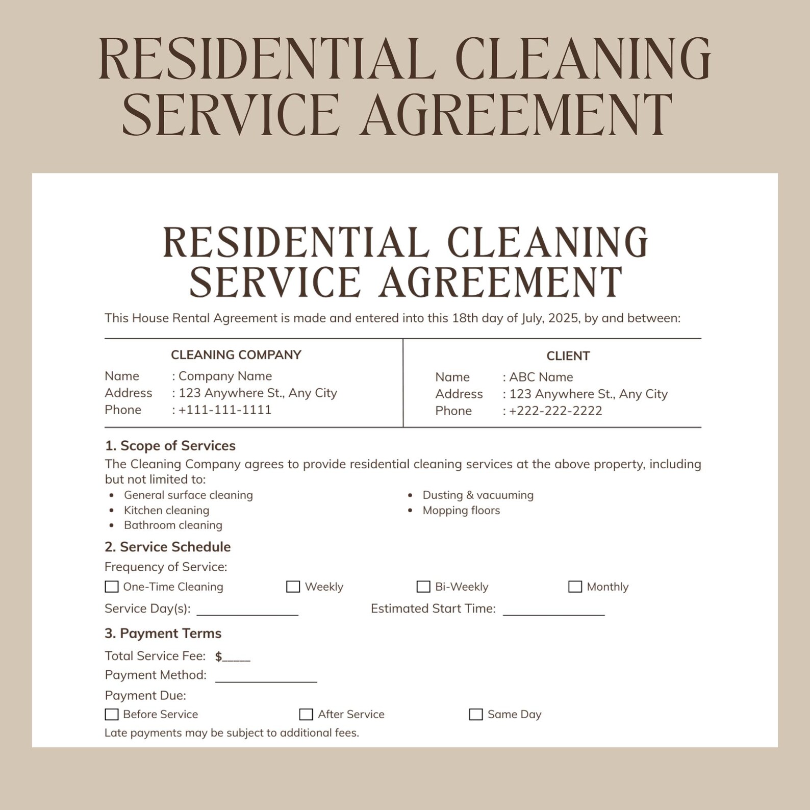 Residential Cleaning Service Agreement Template, Cleaning Contract ...