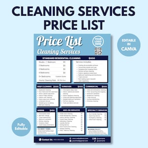 以下が含まれることがあります： 「Cleaning Services Price List」のテキストが入った、青と白のクリーニングサービス料金表。標準的な住宅、徹底的なクリーニング、ターンオーバー、商業、Airbnb、追加、専門サービスが含まれています。ドキュメントは完全に編集可能です。