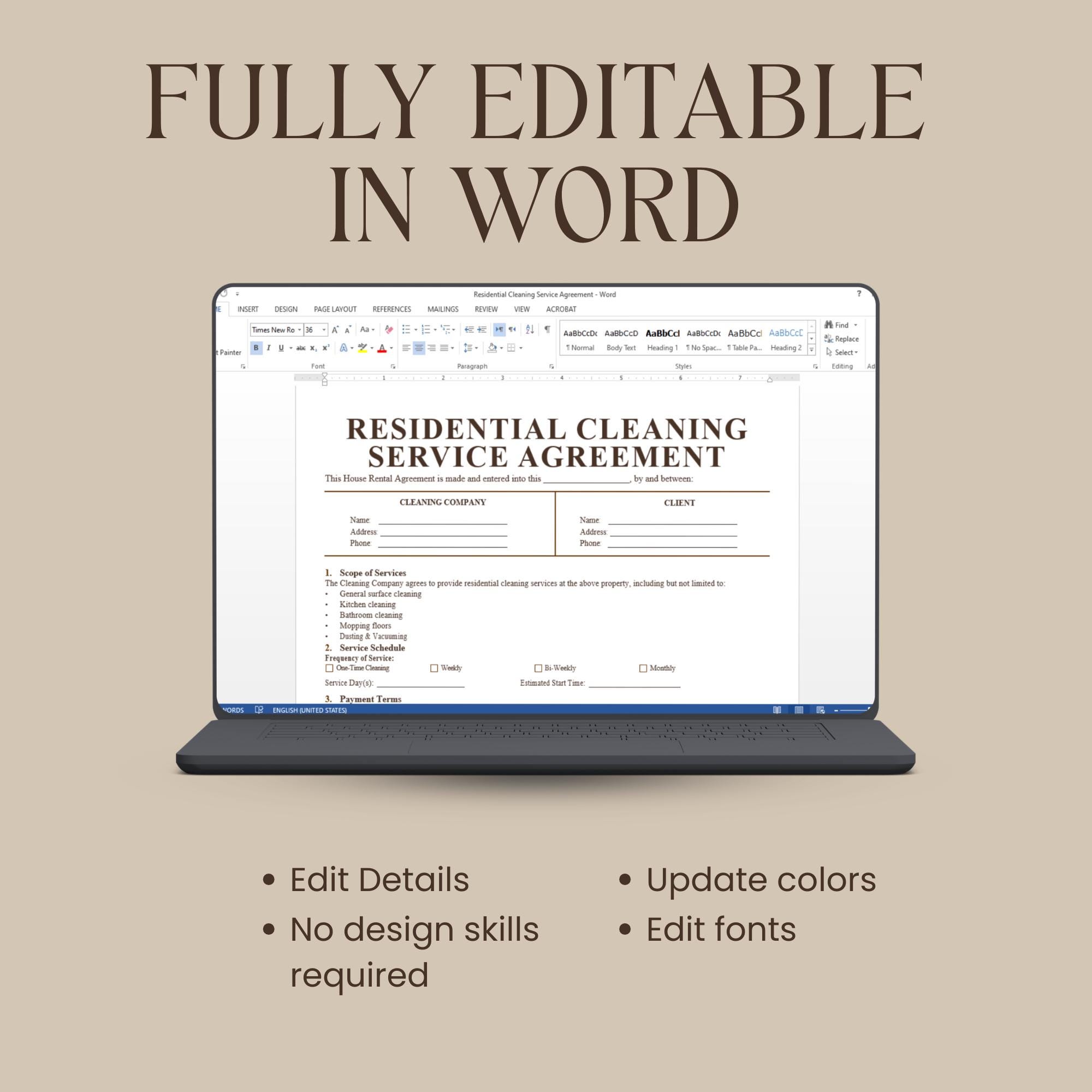 Residential Cleaning Service Agreement Template, Cleaning Contract ...