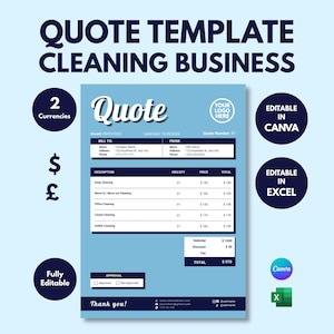 Könnte beinhalten: Eine hellblaue Angebotsvorlage für ein Reinigungsunternehmen mit dem Text "Quote Template Cleaning Business". Das Dokument enthält Abschnitte für Abrechnung, Dienstleistungen und Summen. Vollständig bearbeitbar in Canva und Excel.
